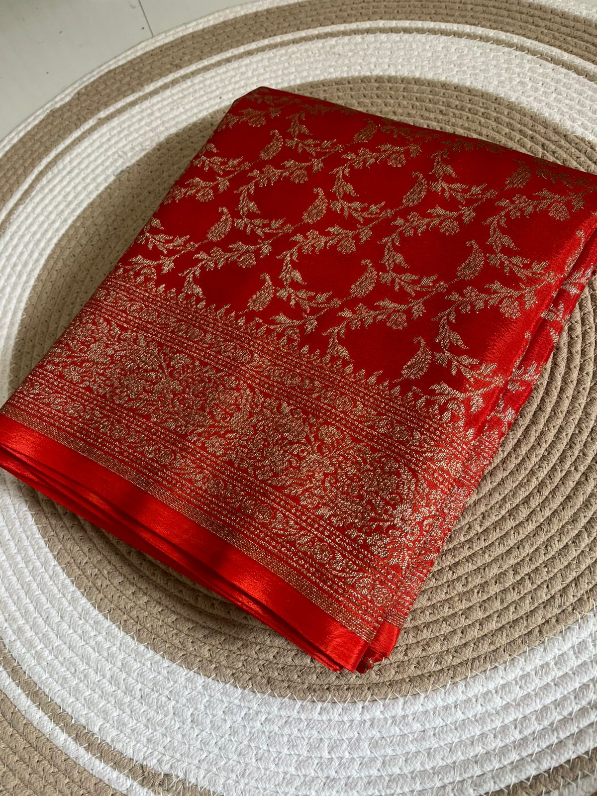 Red Jaal Banarasi Pure Crepe Chiffon Saree