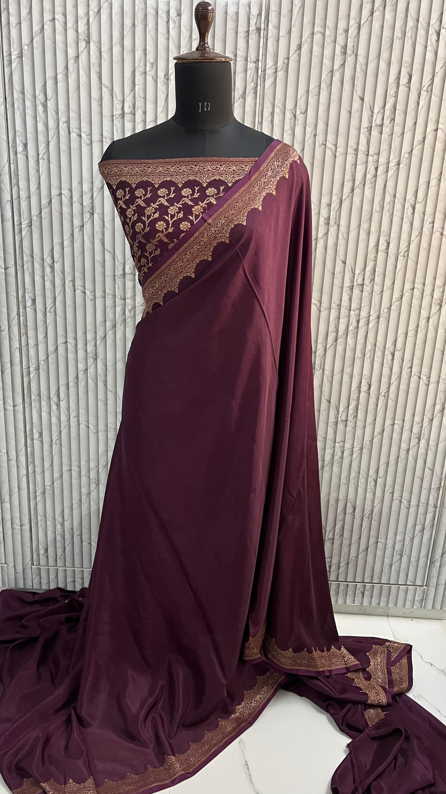 Brown Scallop Banarasi Pure Crepe Chiffon Saree