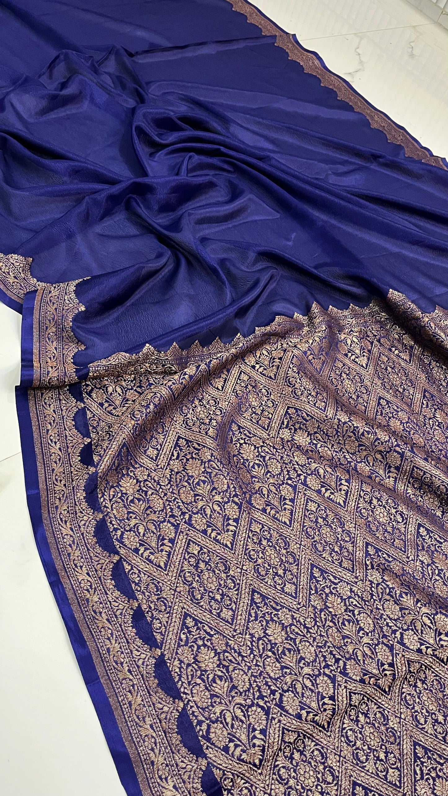 Navy Scallop Banarasi Pure Crepe Chiffon Saree