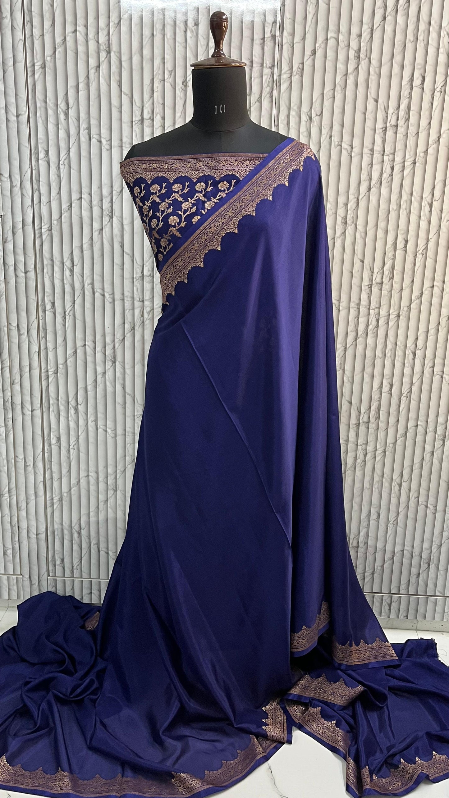 Navy Scallop Banarasi Pure Crepe Chiffon Saree