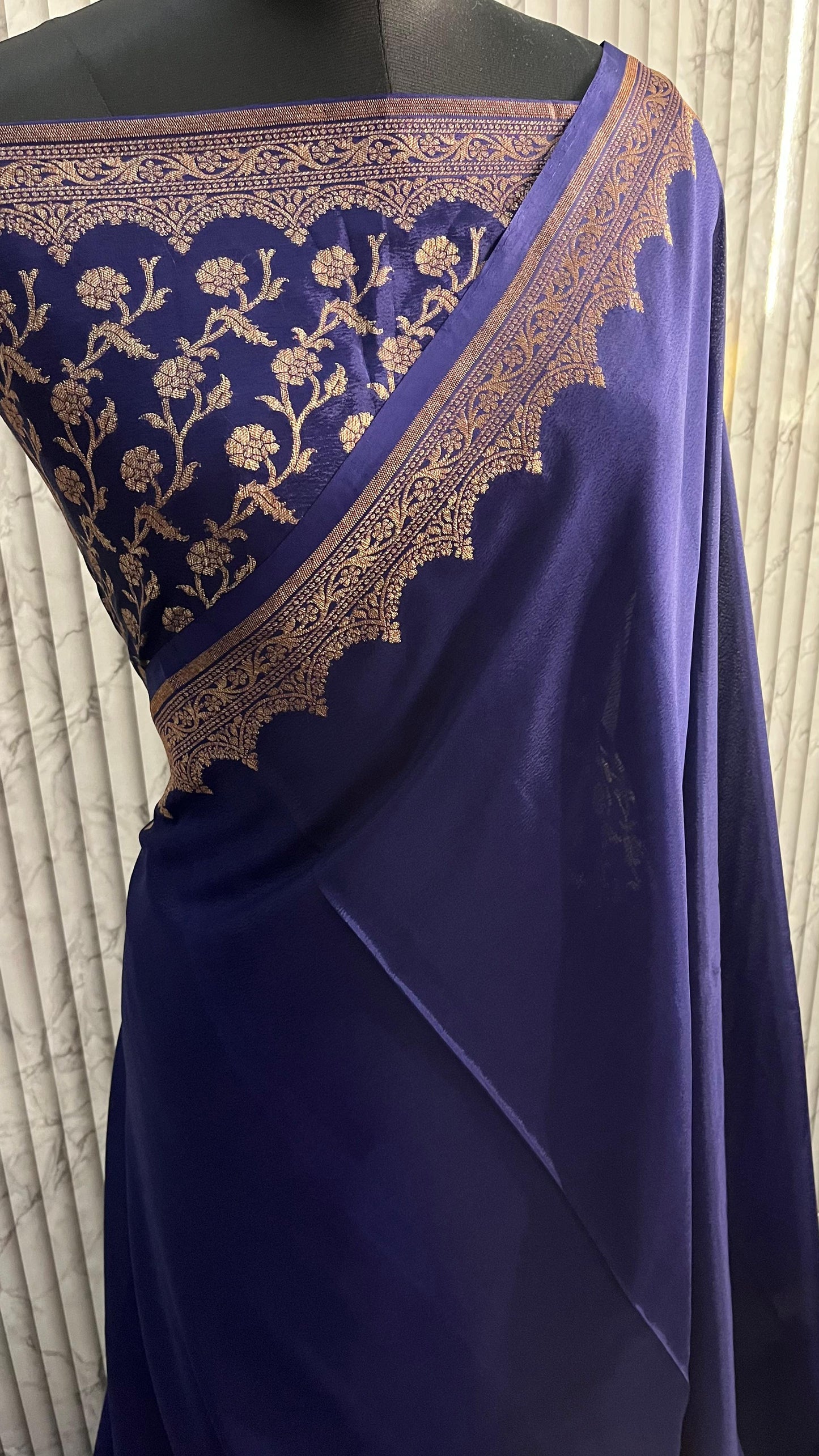 Navy Scallop Banarasi Pure Crepe Chiffon Saree