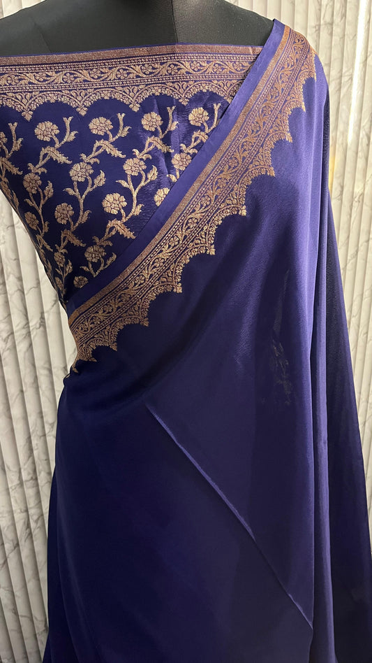 Navy Scallop Banarasi Pure Crepe Chiffon Saree