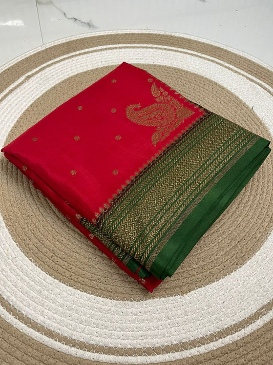 Red N Green Koniya Banarasi Pure Crepe Chiffon Saree