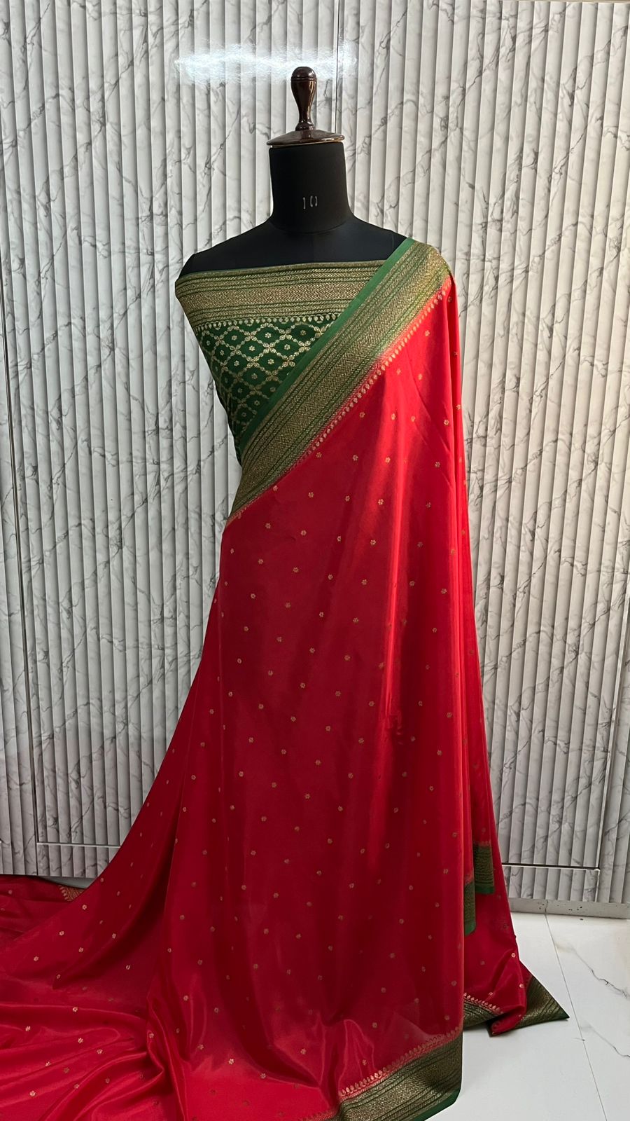 Red N Green Koniya Banarasi Pure Crepe Chiffon Saree