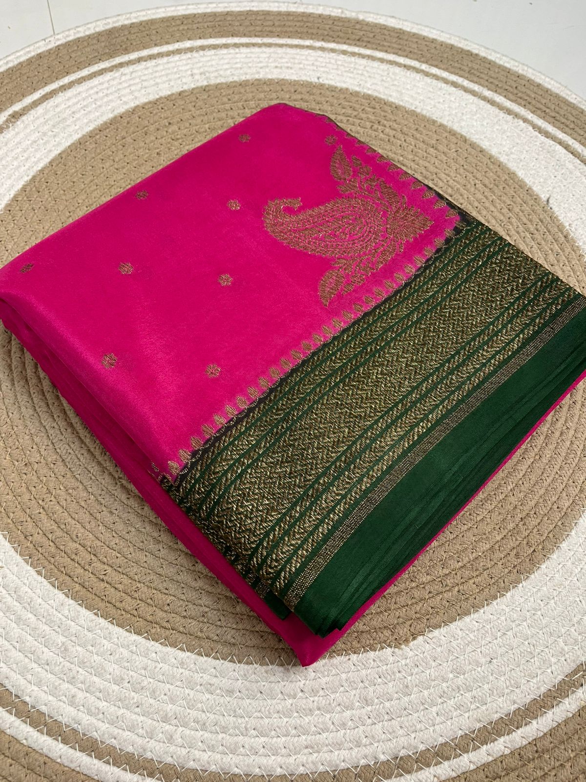 Pink N Green Koniya Banarasi Pure Crepe Chiffon Saree