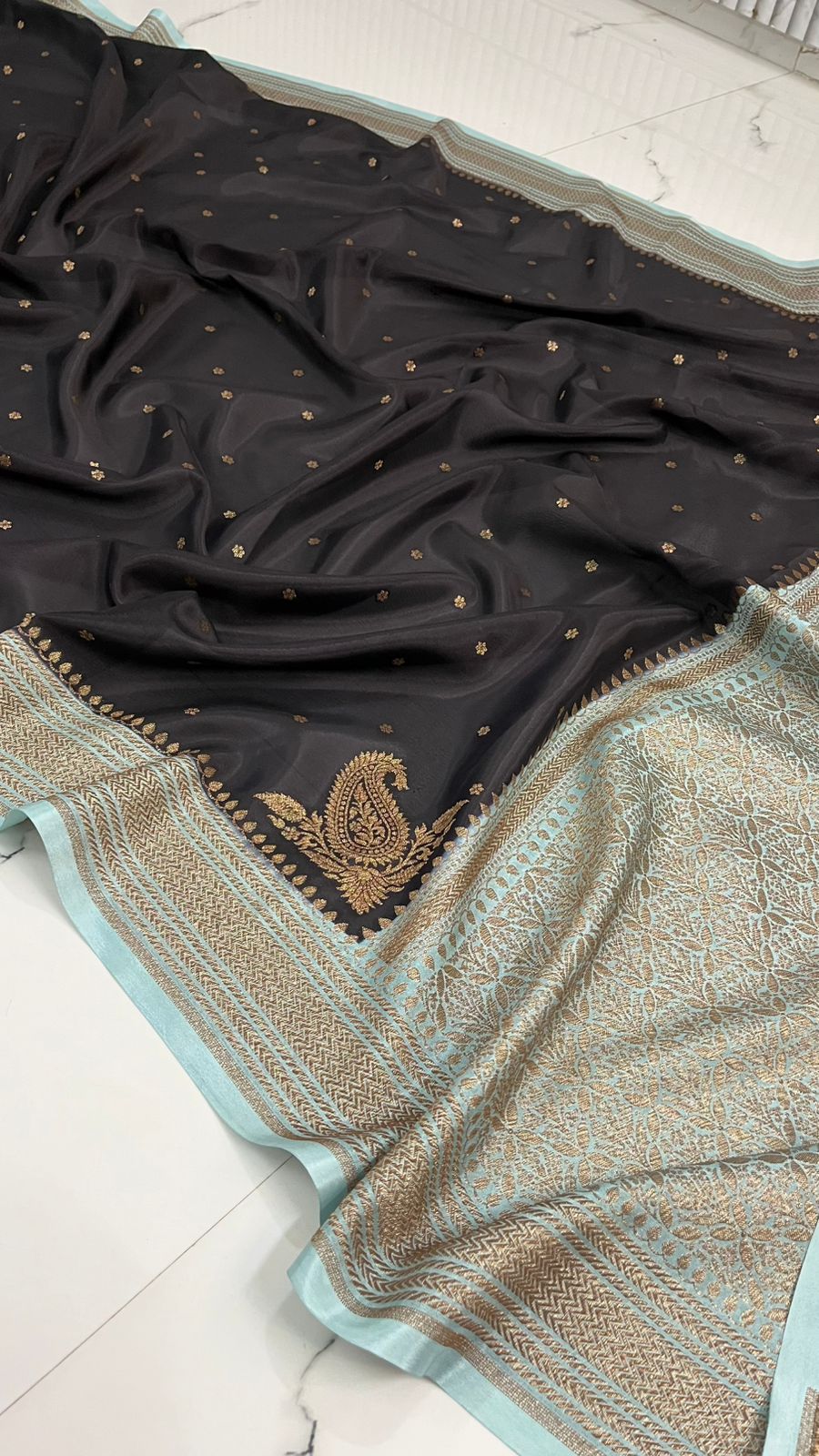 Black N Blue Koniya Banarasi Pure Crepe Chiffon Saree