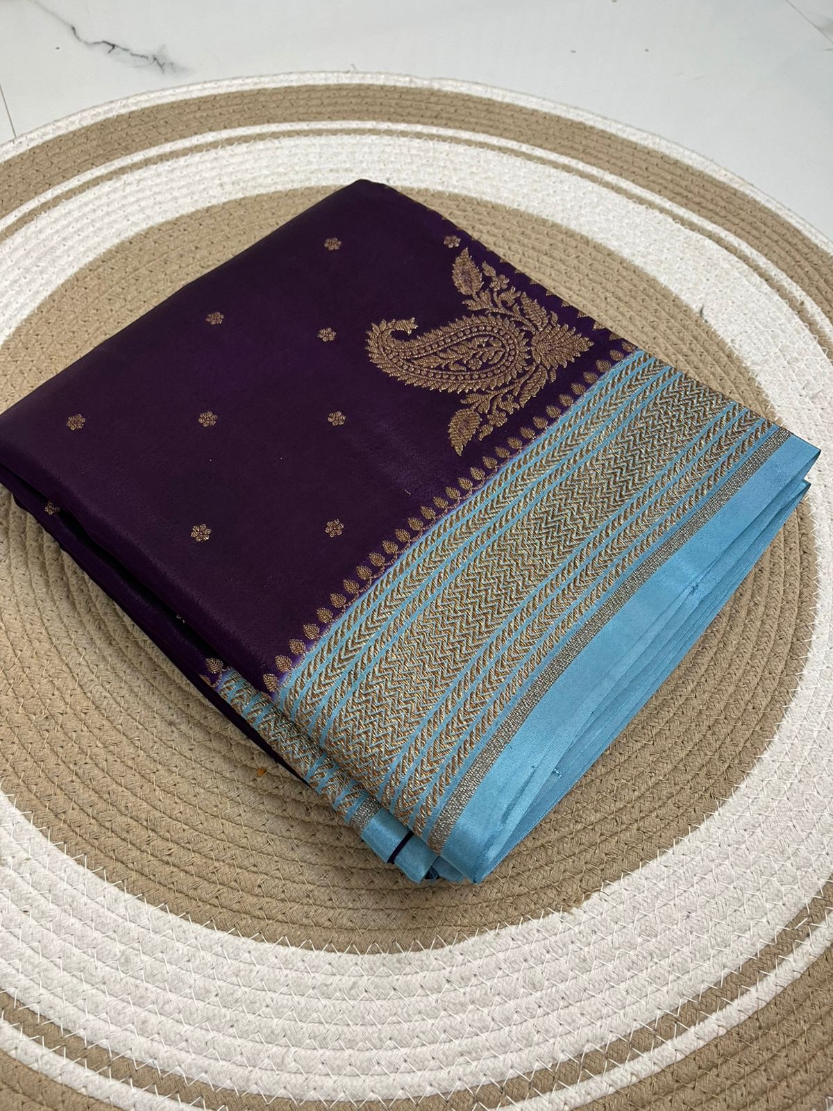 Purple N Blue Koniya Banarasi Pure Crepe Chiffon Saree