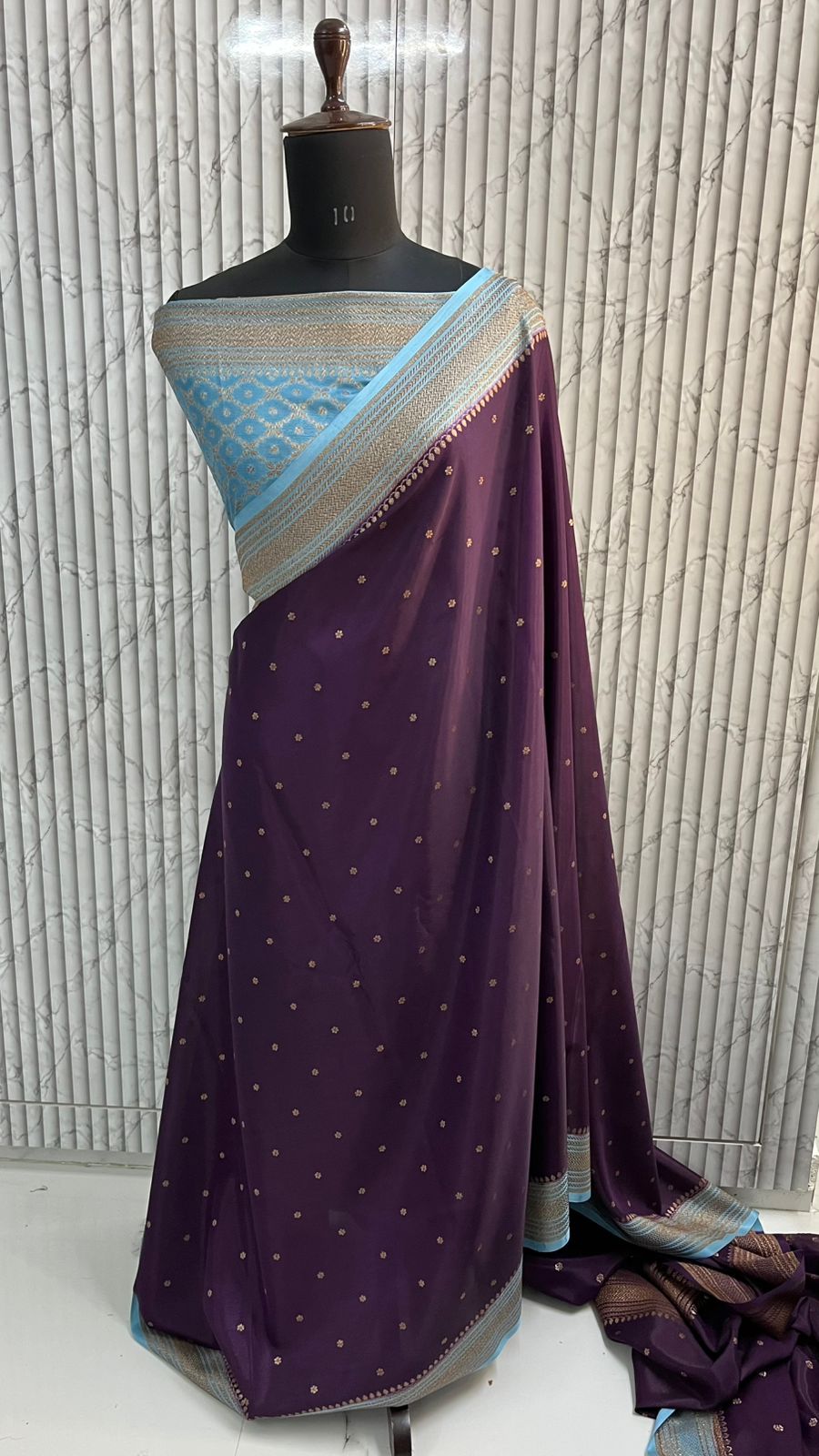 Purple N Blue Koniya Banarasi Pure Crepe Chiffon Saree