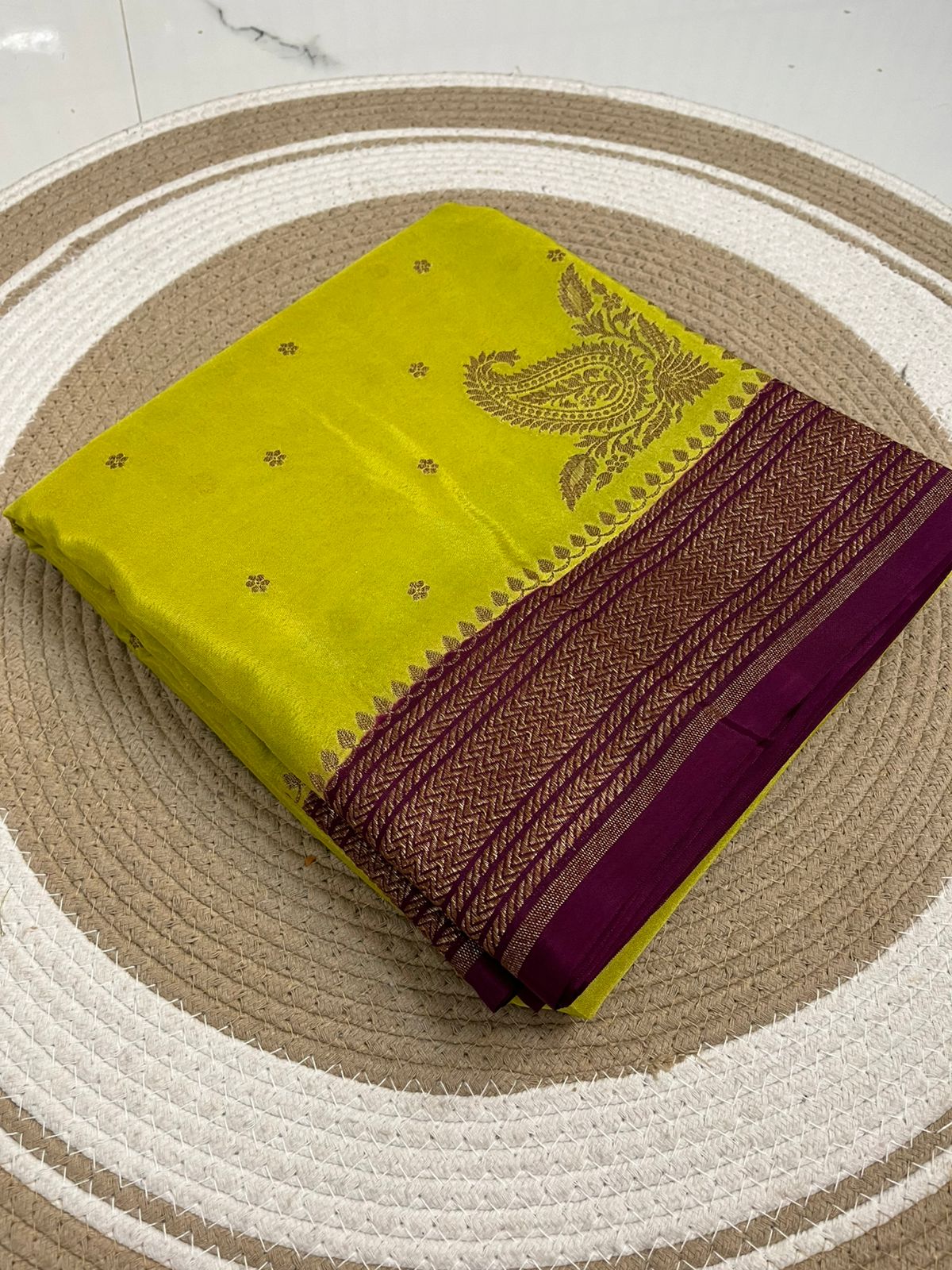 Lime Green N Wine Koniya Banarasi Pure Crepe Chiffon Saree