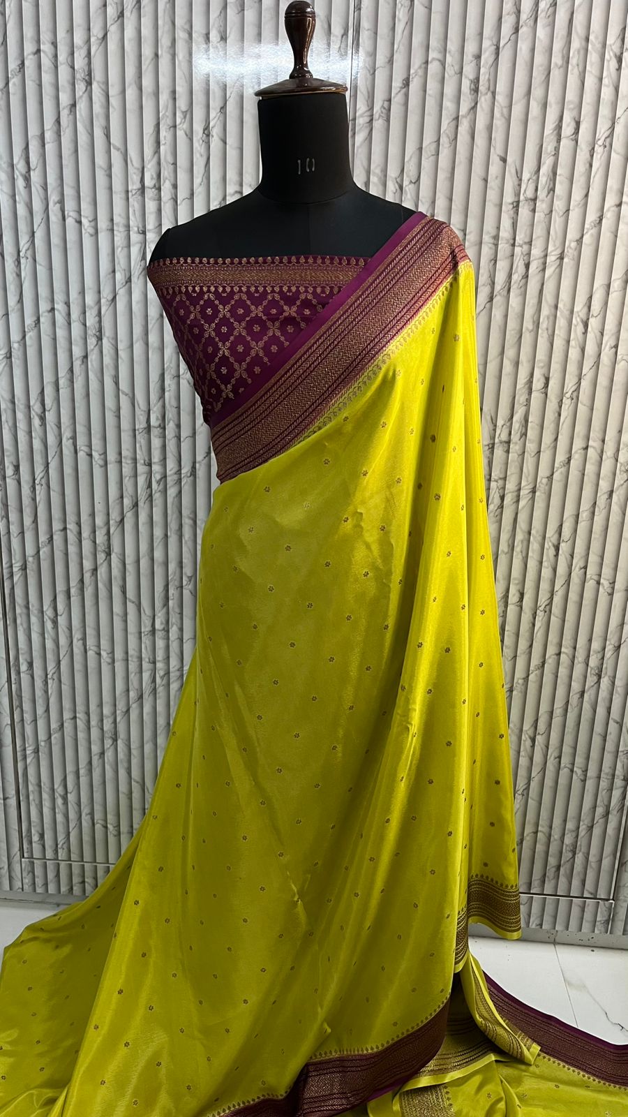 Lime Green N Wine Koniya Banarasi Pure Crepe Chiffon Saree