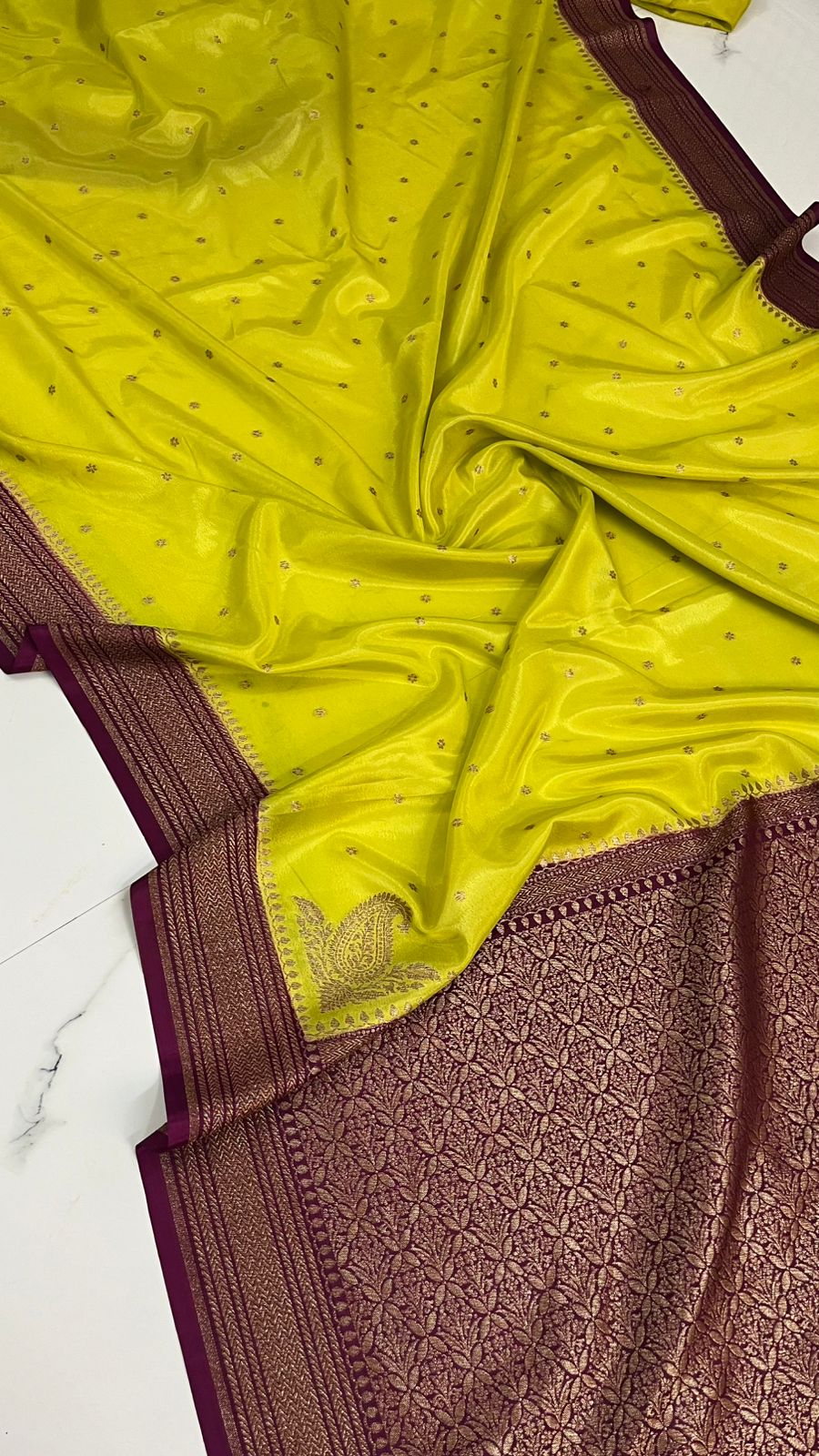 Lime Green N Wine Koniya Banarasi Pure Crepe Chiffon Saree