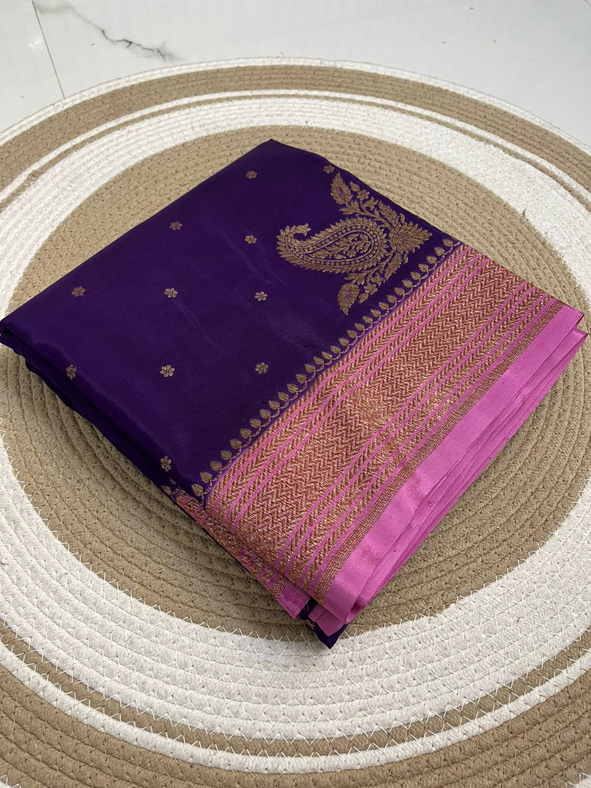 Purple N Pink Koniya Banarasi Pure Crepe Chiffon Saree