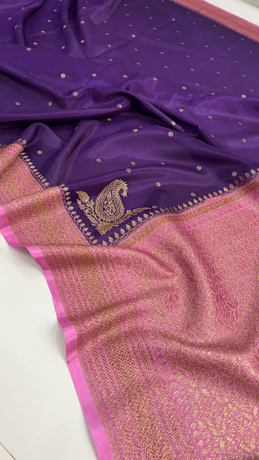 Purple N Pink Koniya Banarasi Pure Crepe Chiffon Saree