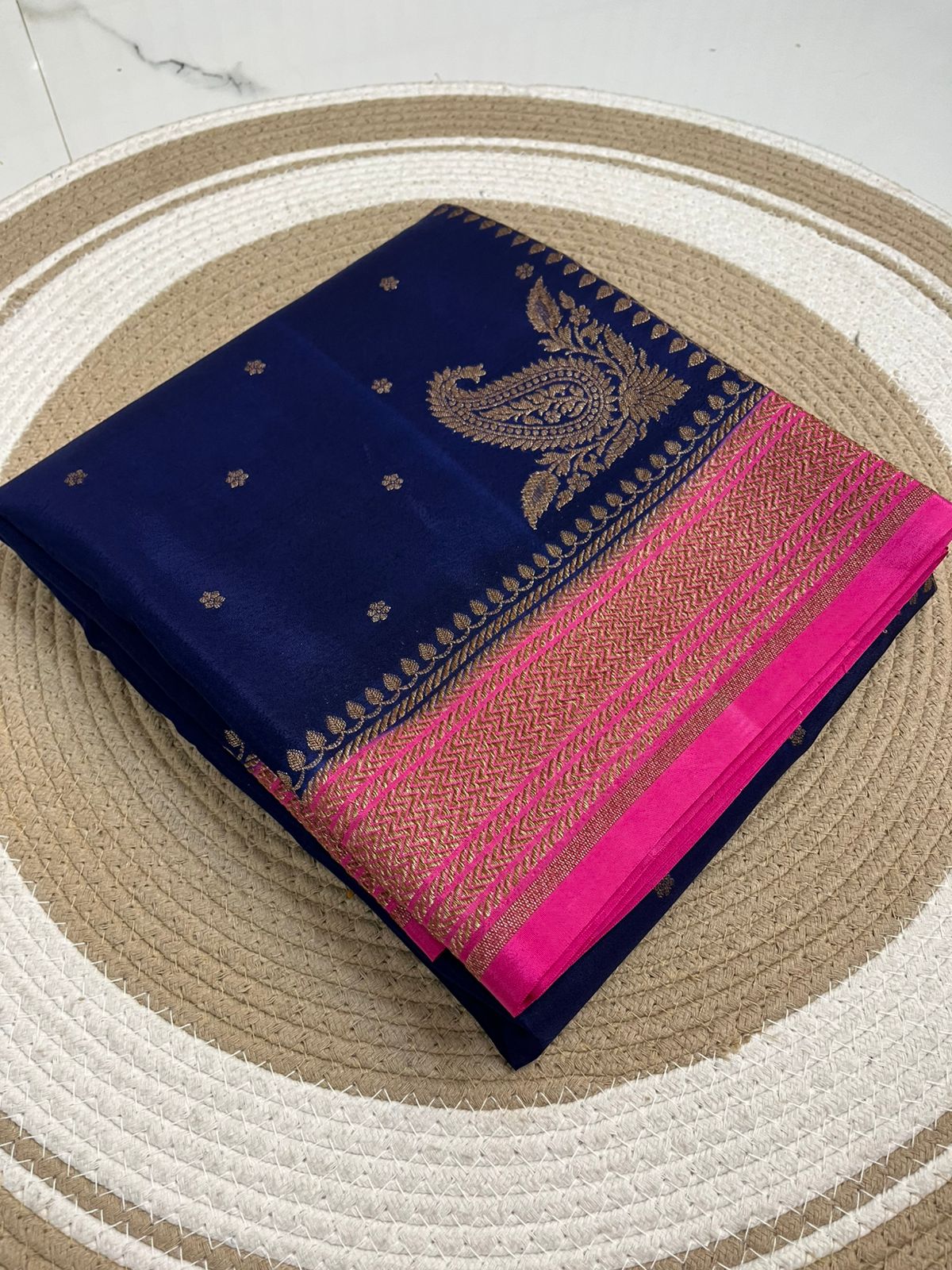 Blue N Pink Koniya Banarasi Pure Crepe Chiffon Saree