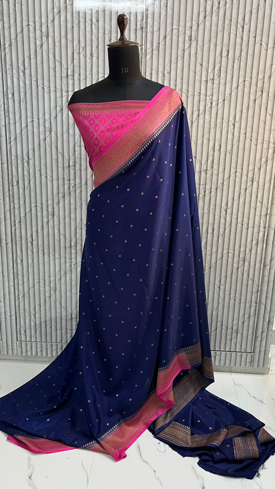 Blue N Pink Koniya Banarasi Pure Crepe Chiffon Saree