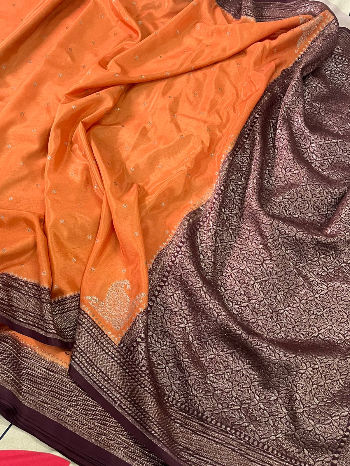 Rust N Brown Koniya Banarasi Pure Crepe Chiffon Saree