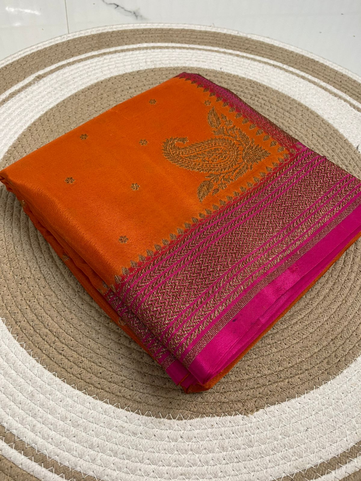 Orange N Pink Koniya Banarasi Pure Crepe Chiffon Saree