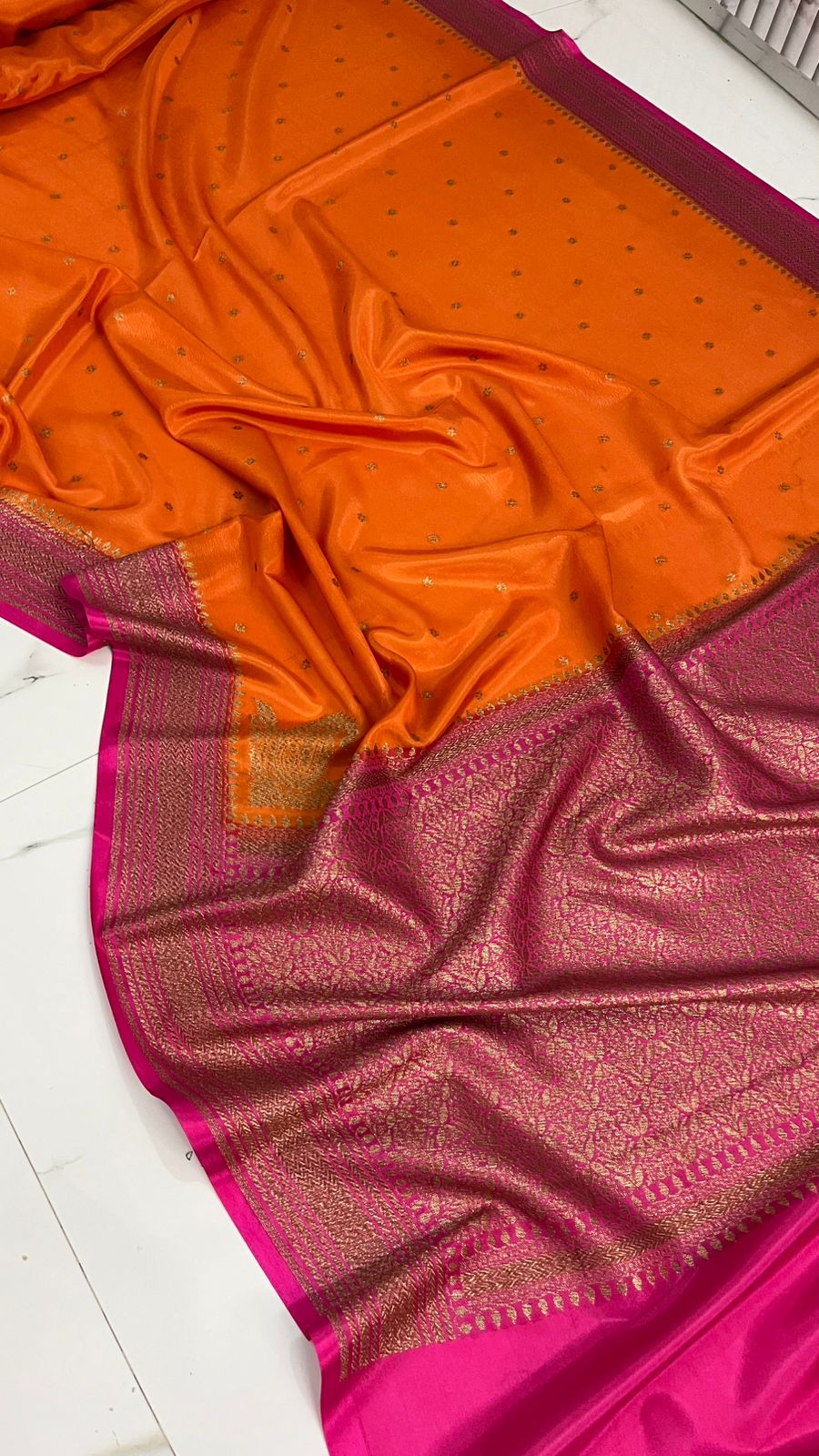 Orange N Pink Koniya Banarasi Pure Crepe Chiffon Saree