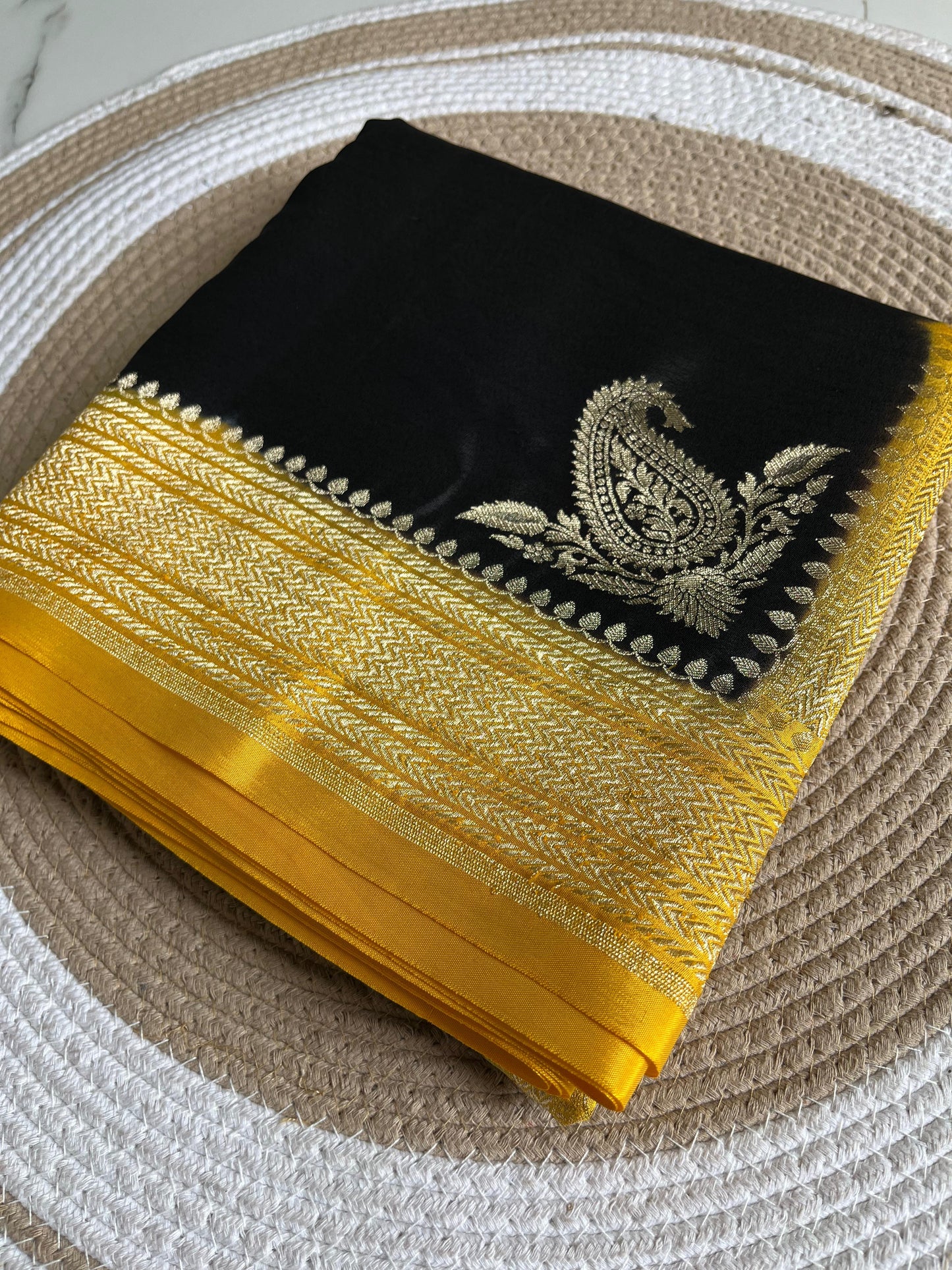 Black N Yellow Plain Koniya Banarasi Pure Crepe Chiffon Saree
