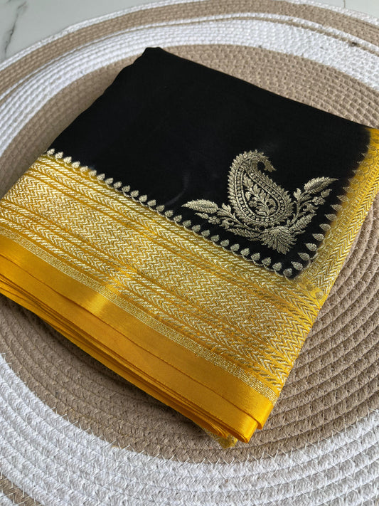 Black N Yellow Plain Koniya Banarasi Pure Crepe Chiffon Saree
