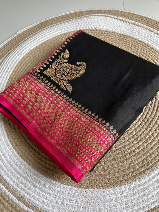 Black N Pink Plain Koniya Banarasi Pure Crepe Chiffon Saree