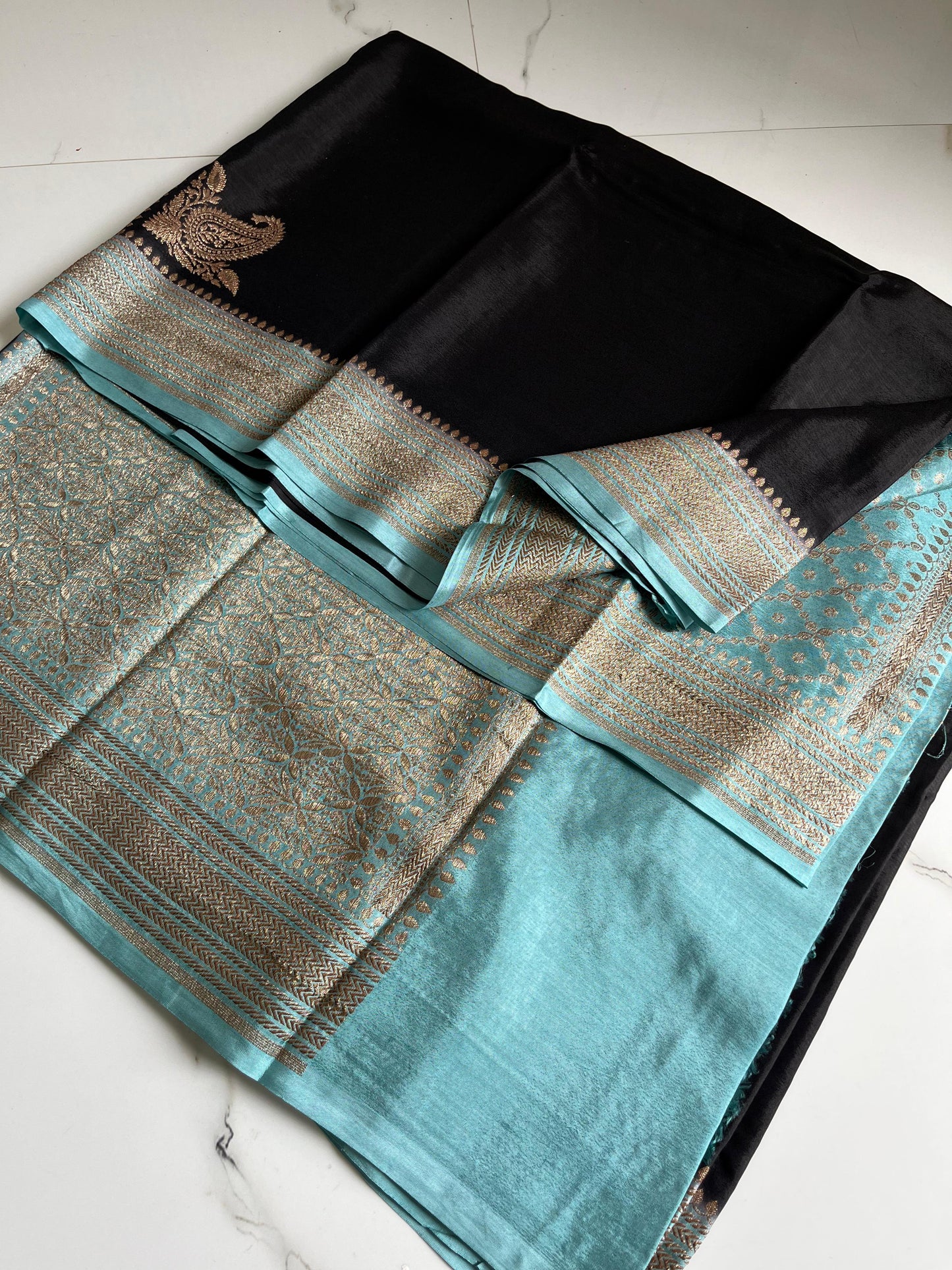 Black N Blue Plain Koniya Banarasi Pure Crepe Chiffon Saree