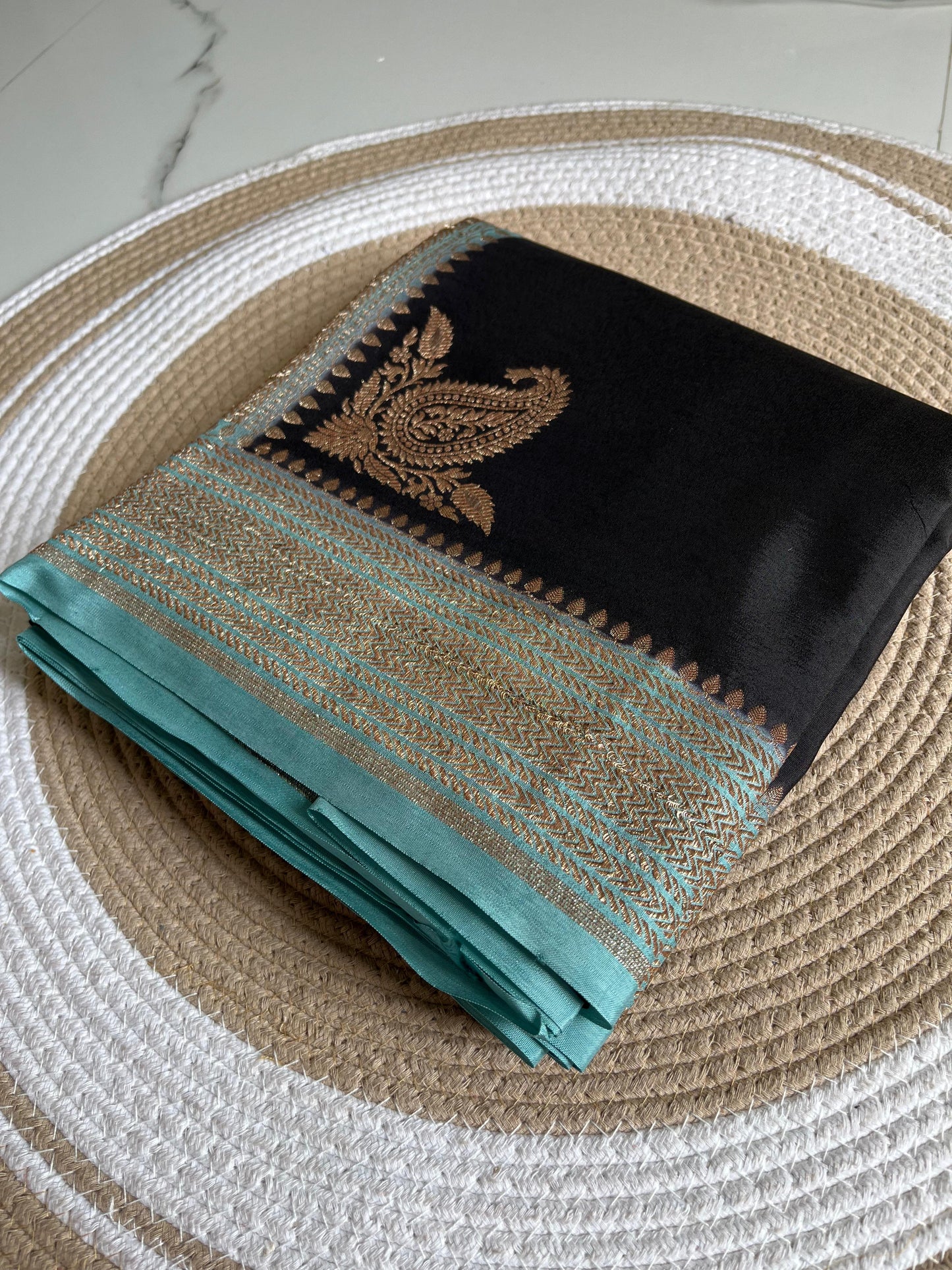 Black N Blue Plain Koniya Banarasi Pure Crepe Chiffon Saree
