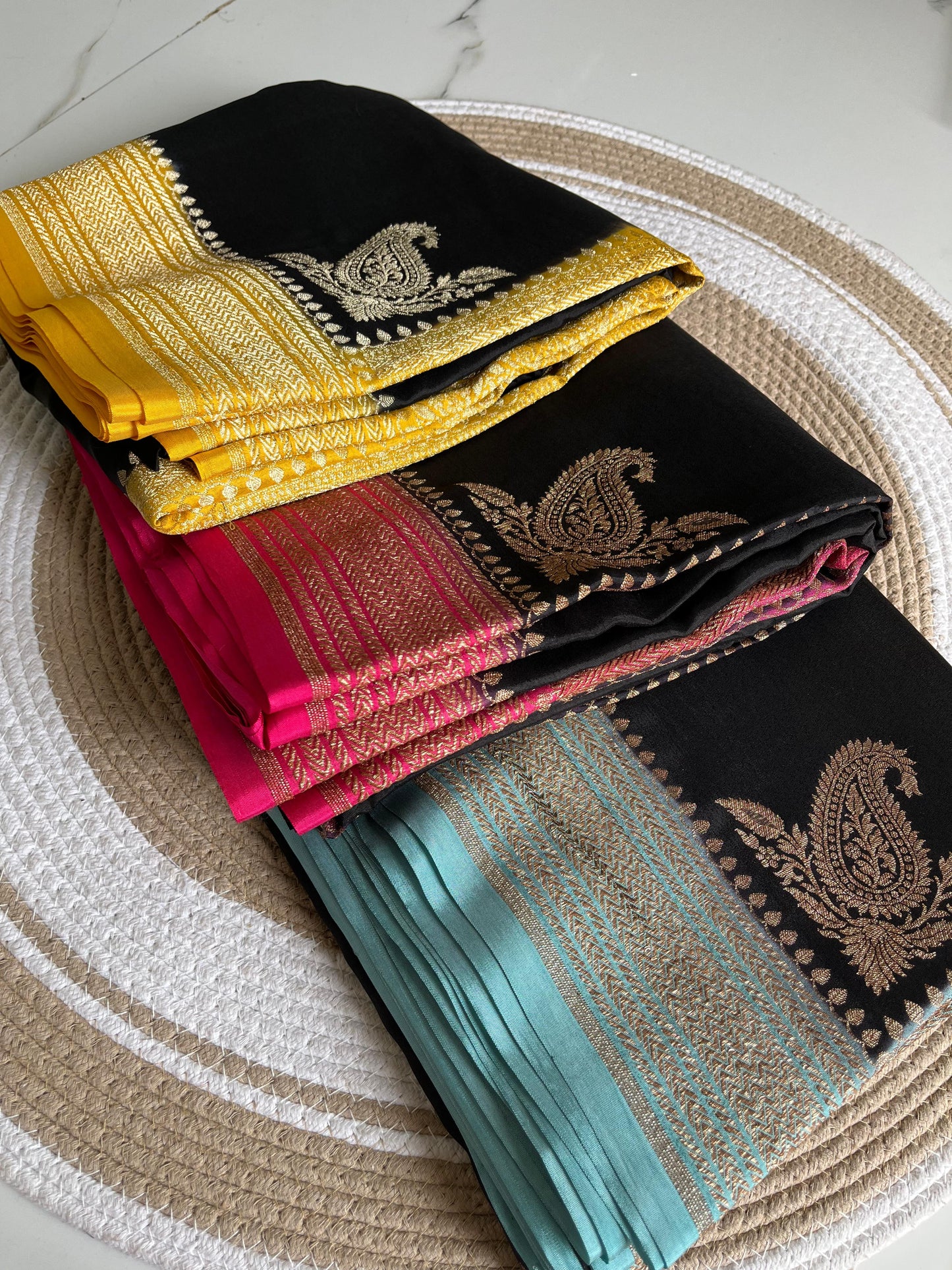 Black N Blue Plain Koniya Banarasi Pure Crepe Chiffon Saree