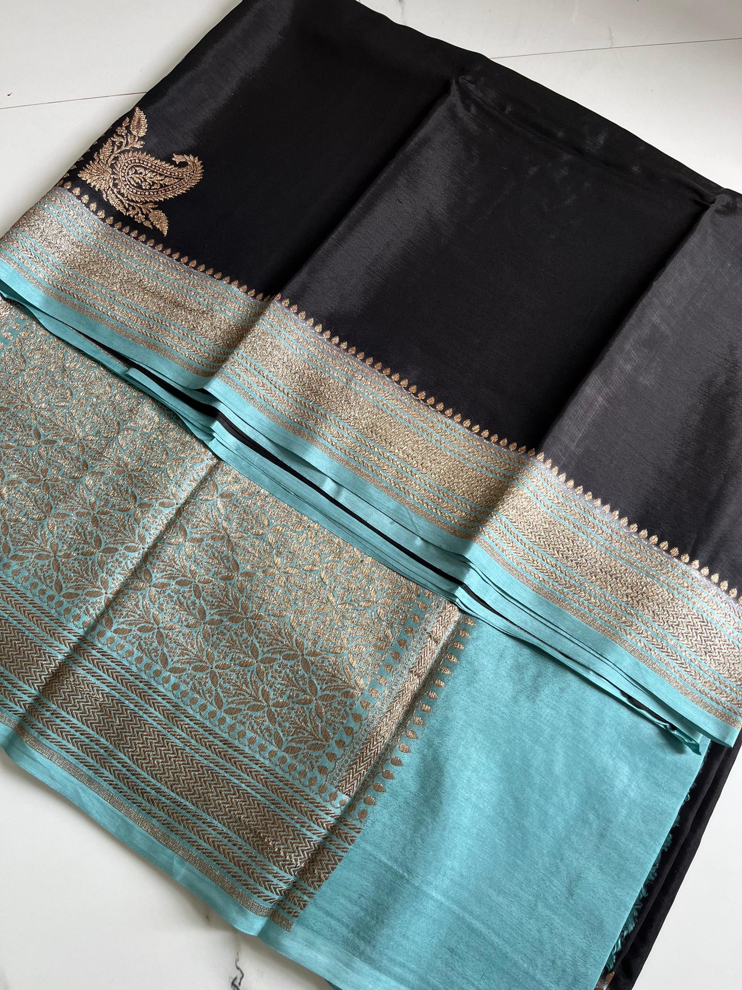 Black N Blue Plain Koniya Banarasi Pure Crepe Chiffon Saree