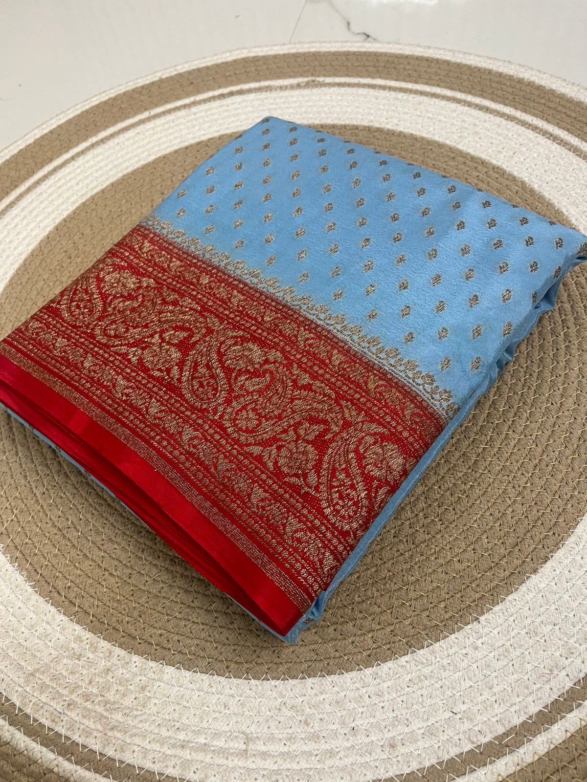 Sky Blue N Red Butta Banarasi Pure Crepe Chiffon Saree