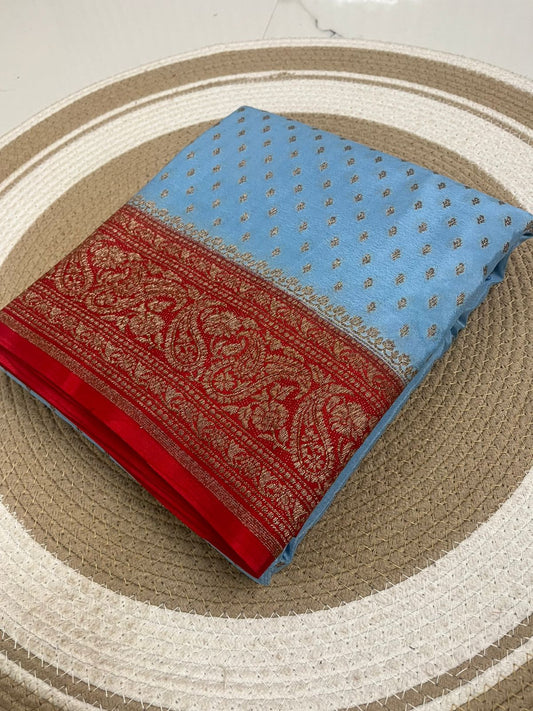 Sky Blue N Red Butta Banarasi Pure Crepe Chiffon Saree
