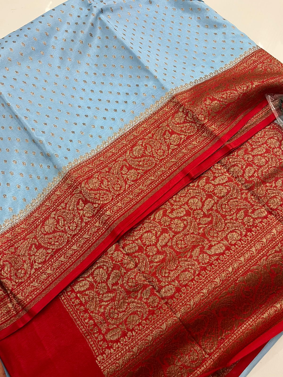 Sky Blue N Red Butta Banarasi Pure Crepe Chiffon Saree