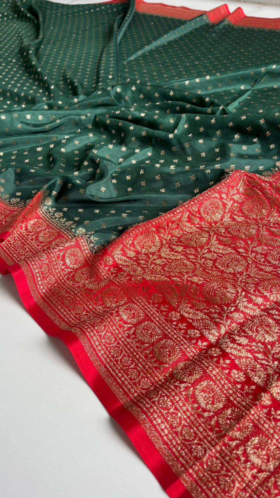 Green N Red Butta Banarasi Pure Crepe Chiffon Saree