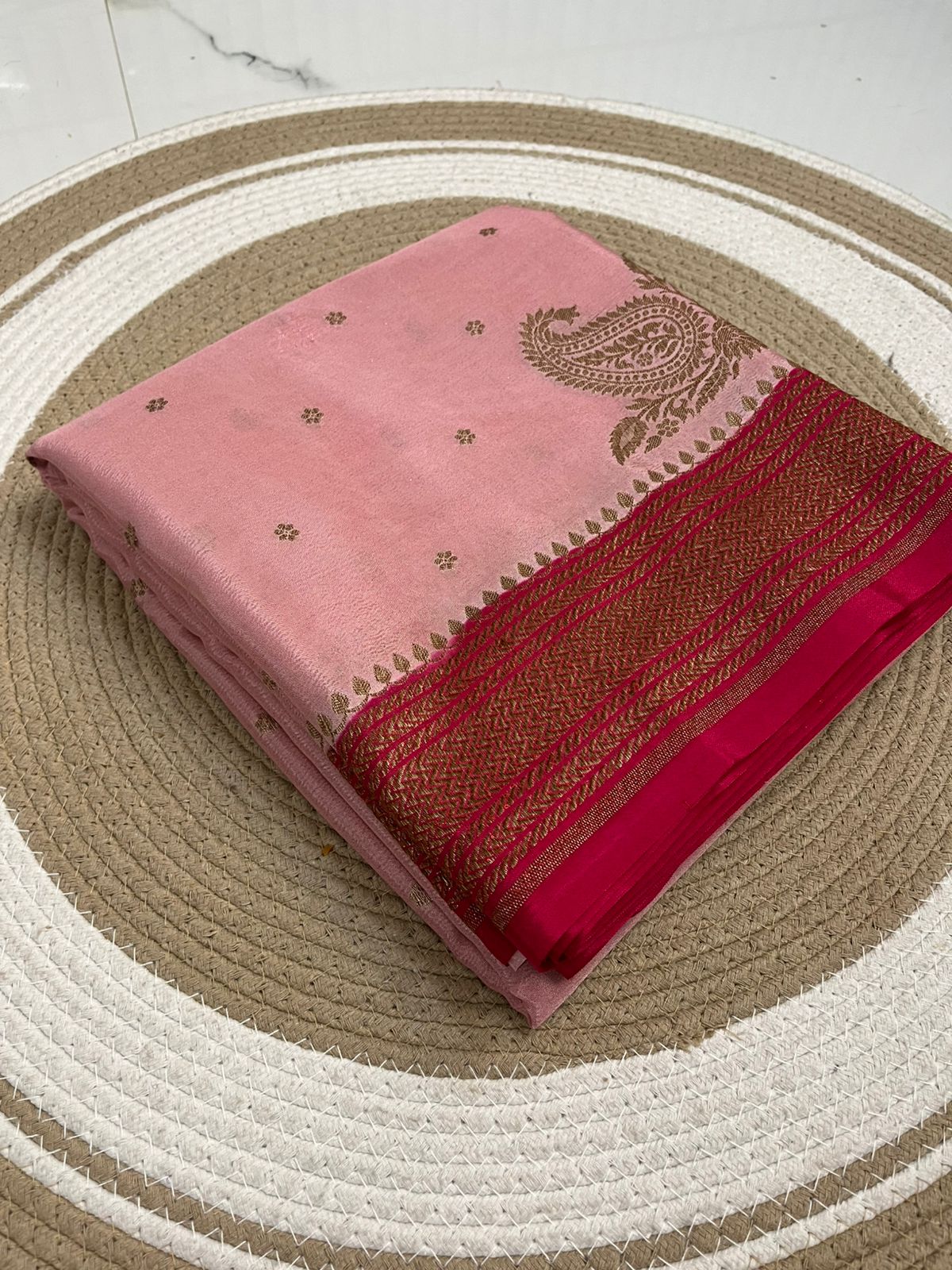 Baby Pink N Pink Koniya Banarasi Pure Crepe Chiffon Saree