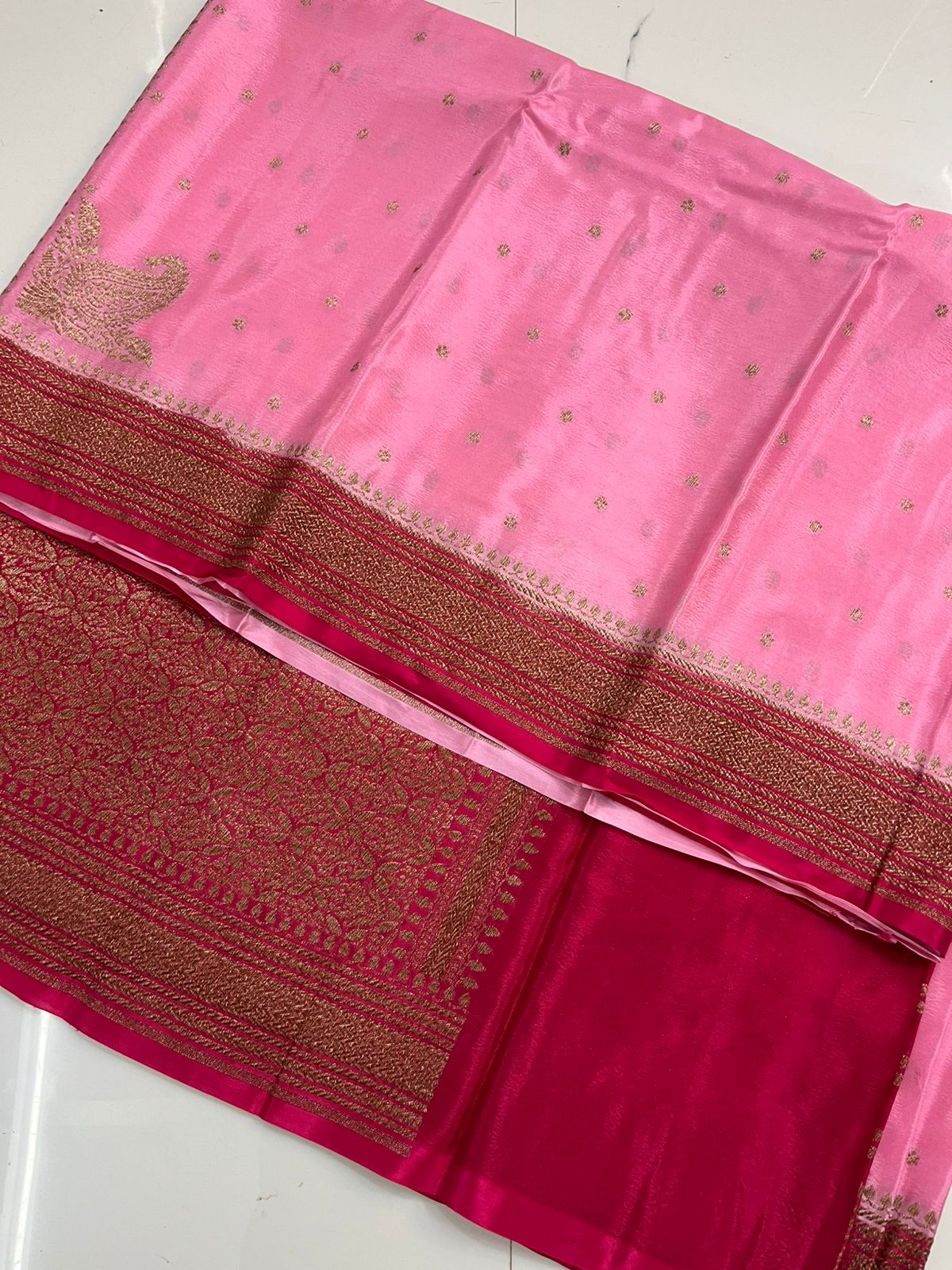 Baby Pink N Pink Koniya Banarasi Pure Crepe Chiffon Saree