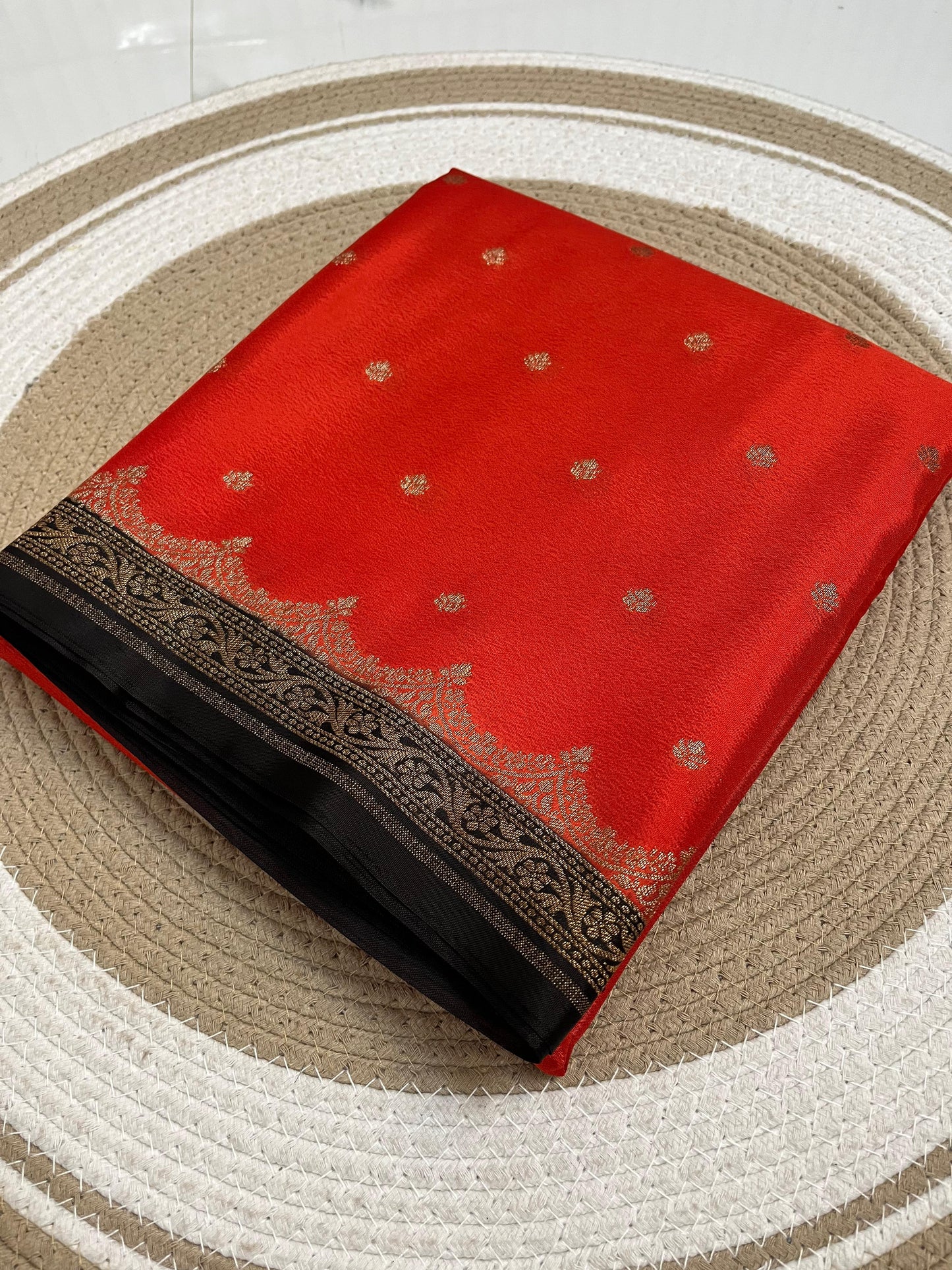 Orange N Black Scallop Koniya Banarasi Pure Crepe Chiffon Saree