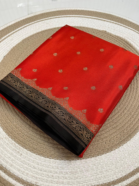 Orange N Black Scallop Koniya Banarasi Pure Crepe Chiffon Saree