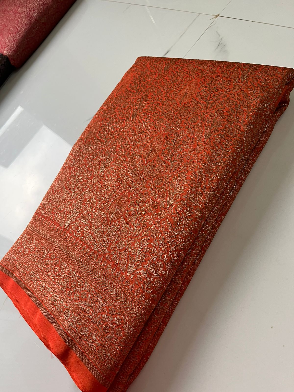 Orange Brocade Banarasi Pure Crepe Chiffon Saree