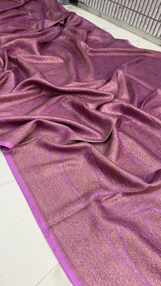 Lavender Brocade Banarasi Pure Crepe Chiffon Saree