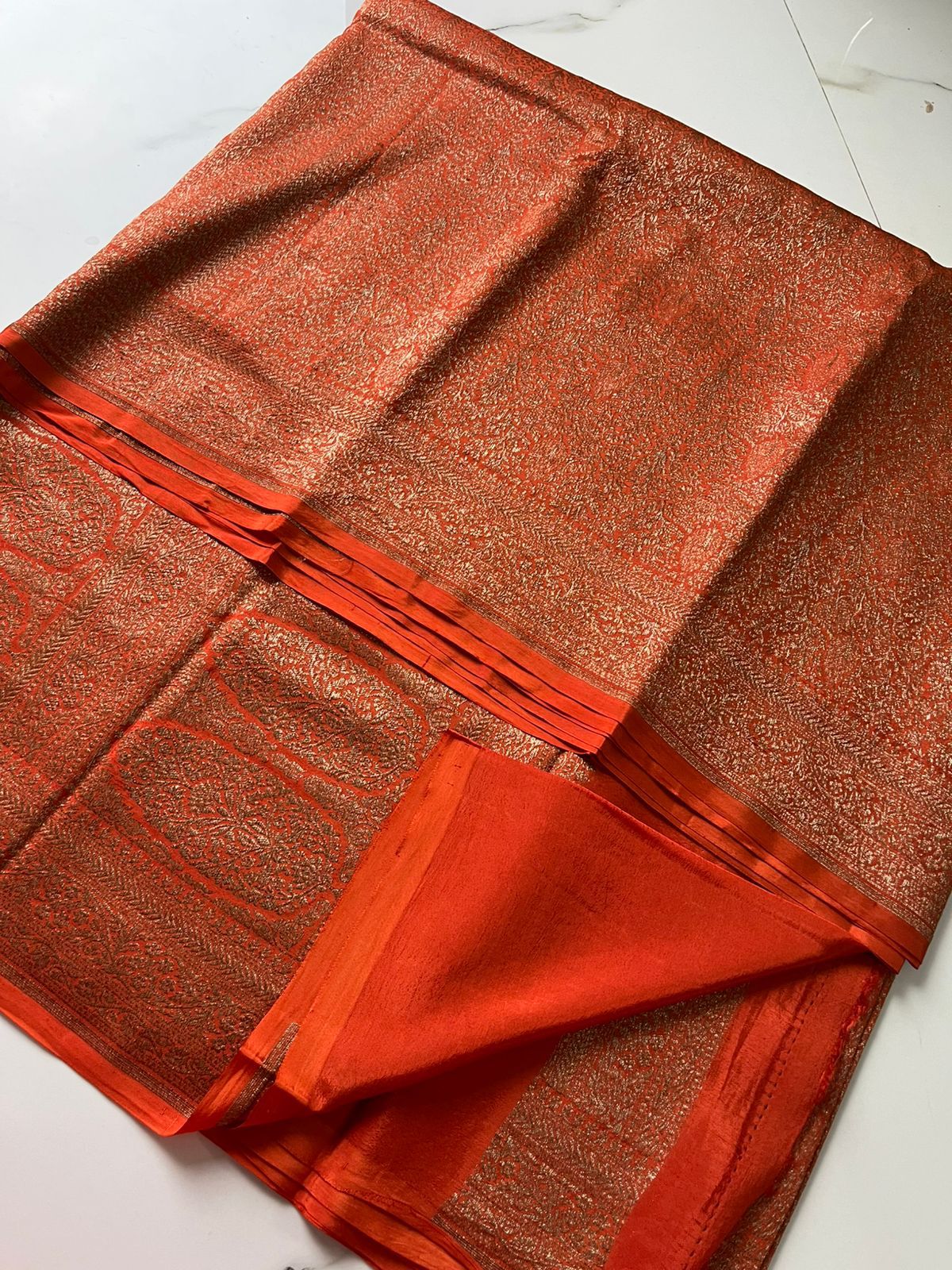 Orange Brocade Banarasi Pure Crepe Chiffon Saree