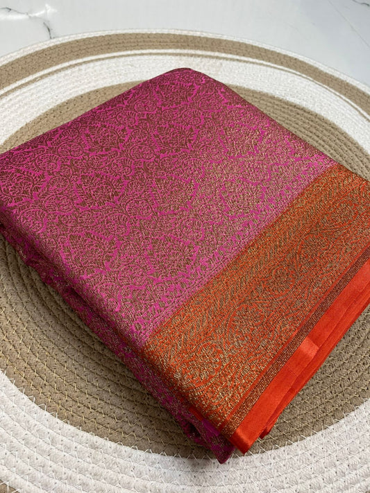 Pink N Orange Brocade Banarasi Pure Crepe Chiffon Saree