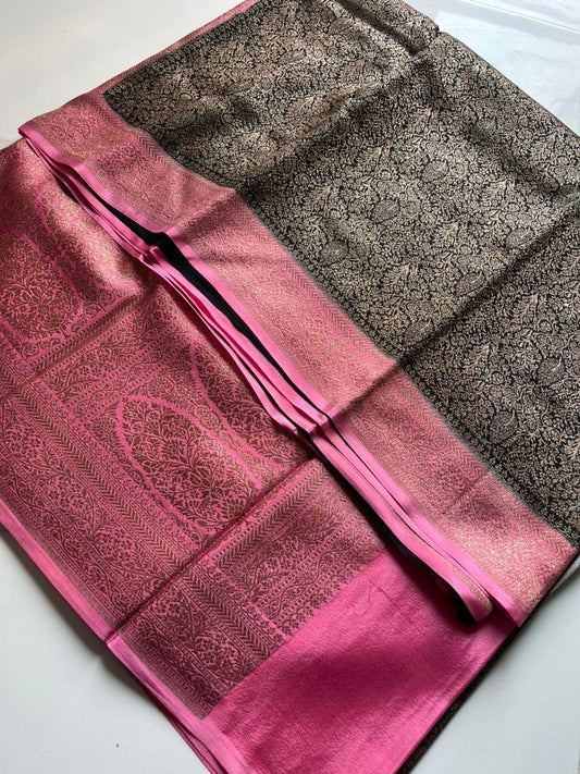 Green N Pink Brocade Banarasi Pure Crepe Chiffon Saree