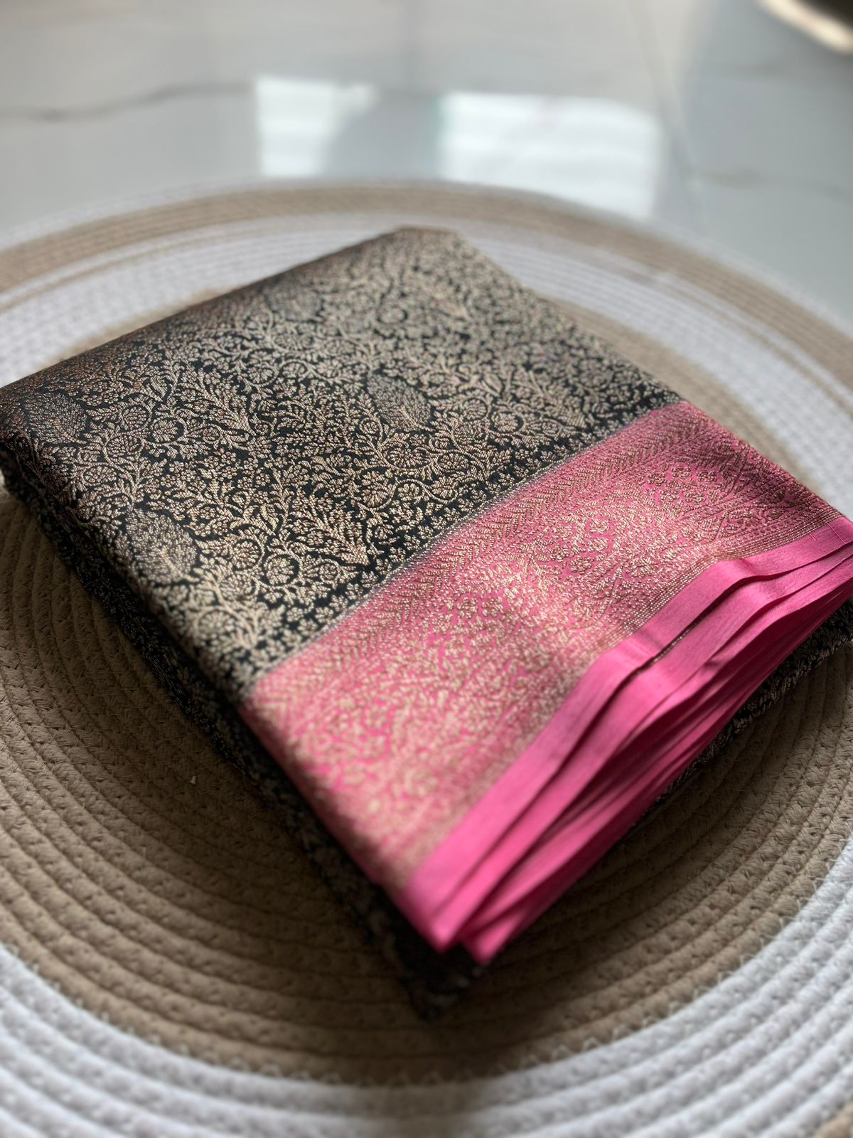 Green N Pink Brocade Banarasi Pure Crepe Chiffon Saree