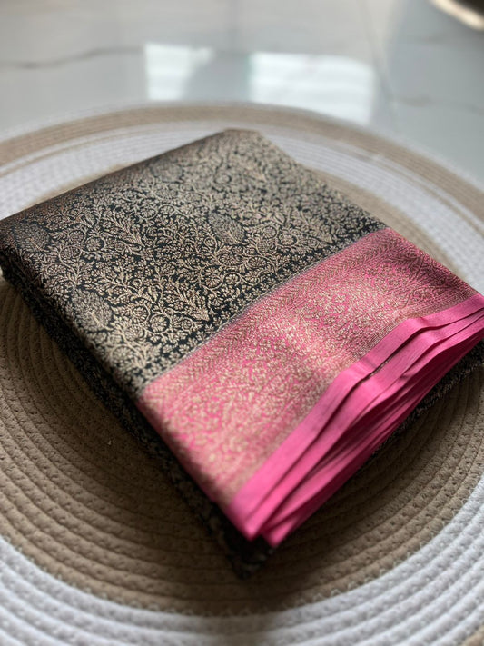 Green N Pink Brocade Banarasi Pure Crepe Chiffon Saree