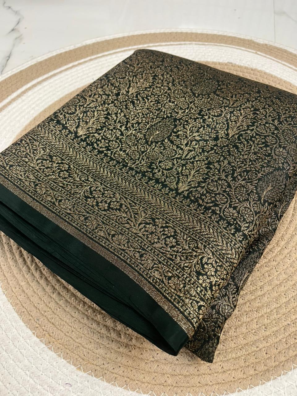 Green Brocade Banarasi Pure Crepe Chiffon Saree