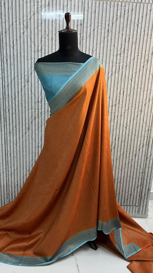 Orange N Blue Brocade Banarasi Pure Crepe Chiffon Saree