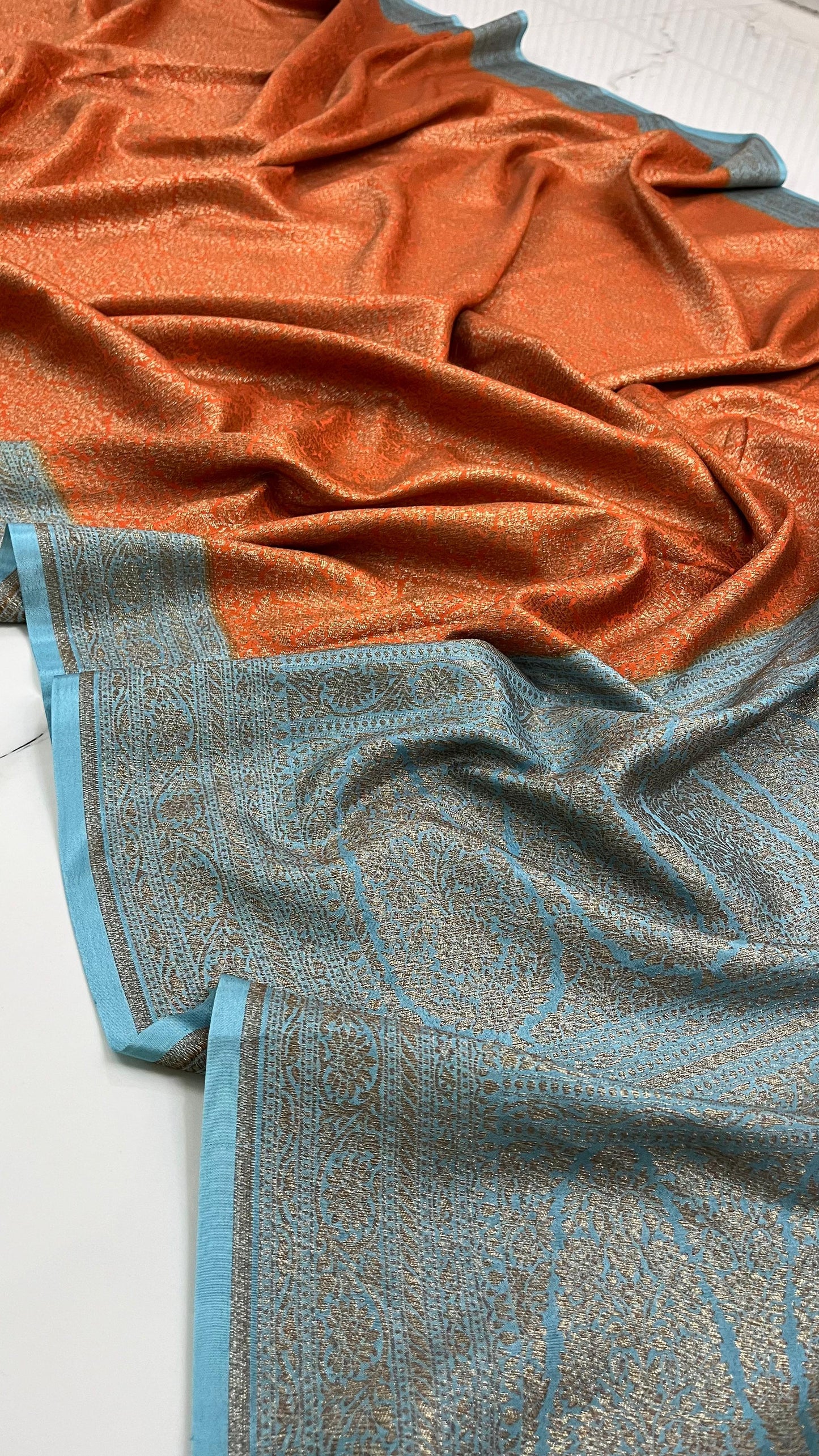 Orange N Blue Brocade Banarasi Pure Crepe Chiffon Saree