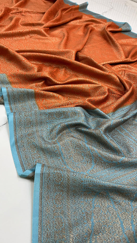 Orange N Blue Brocade Banarasi Pure Crepe Chiffon Saree