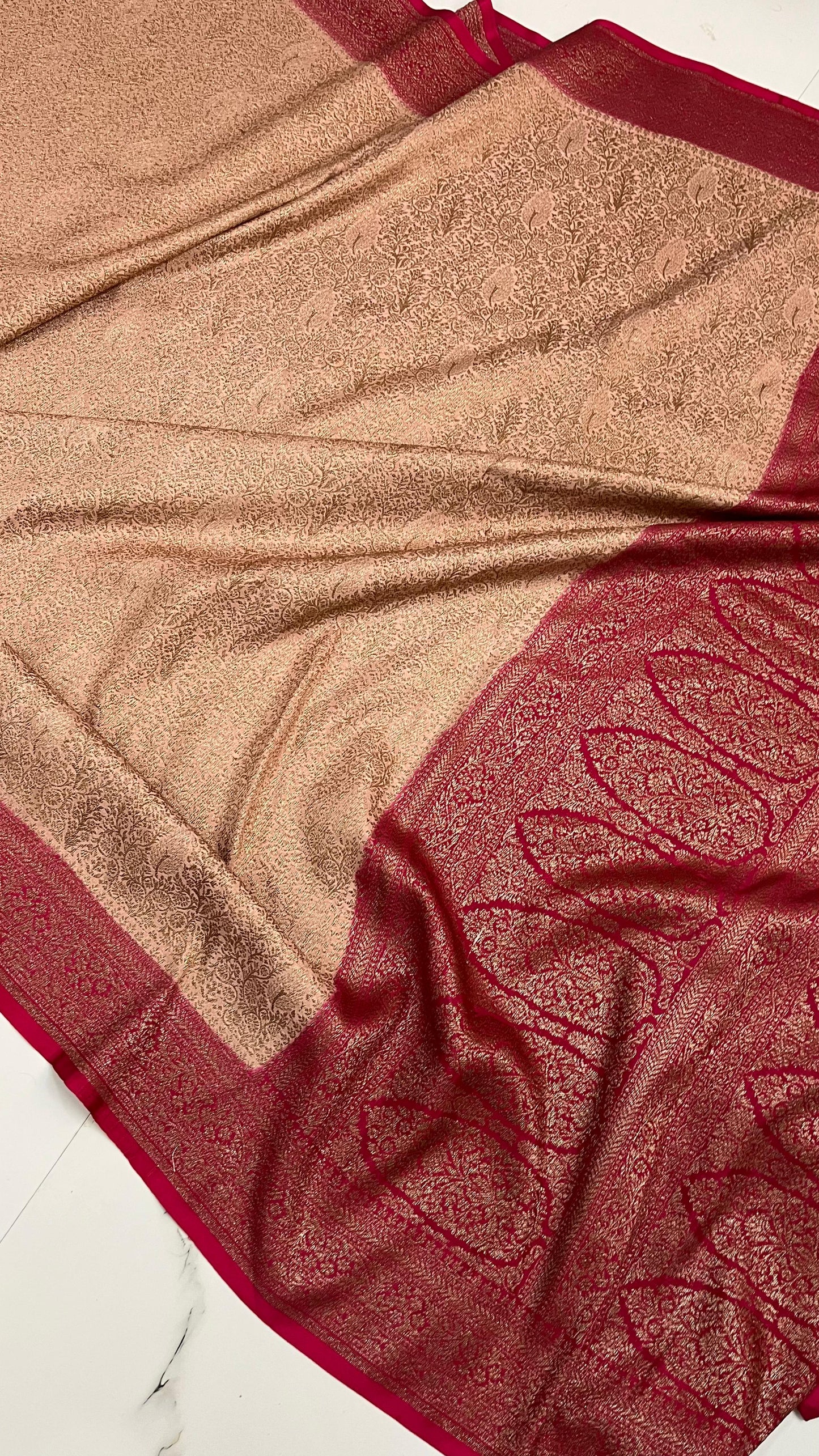 Peach N Pink Brocade Banarasi Pure Crepe Chiffon Saree