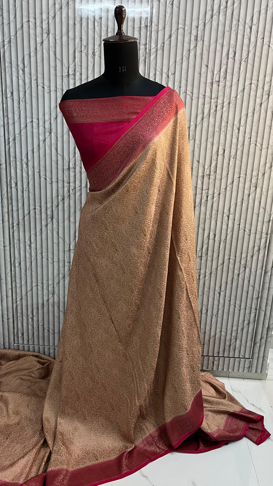 Peach N Pink Brocade Banarasi Pure Crepe Chiffon Saree